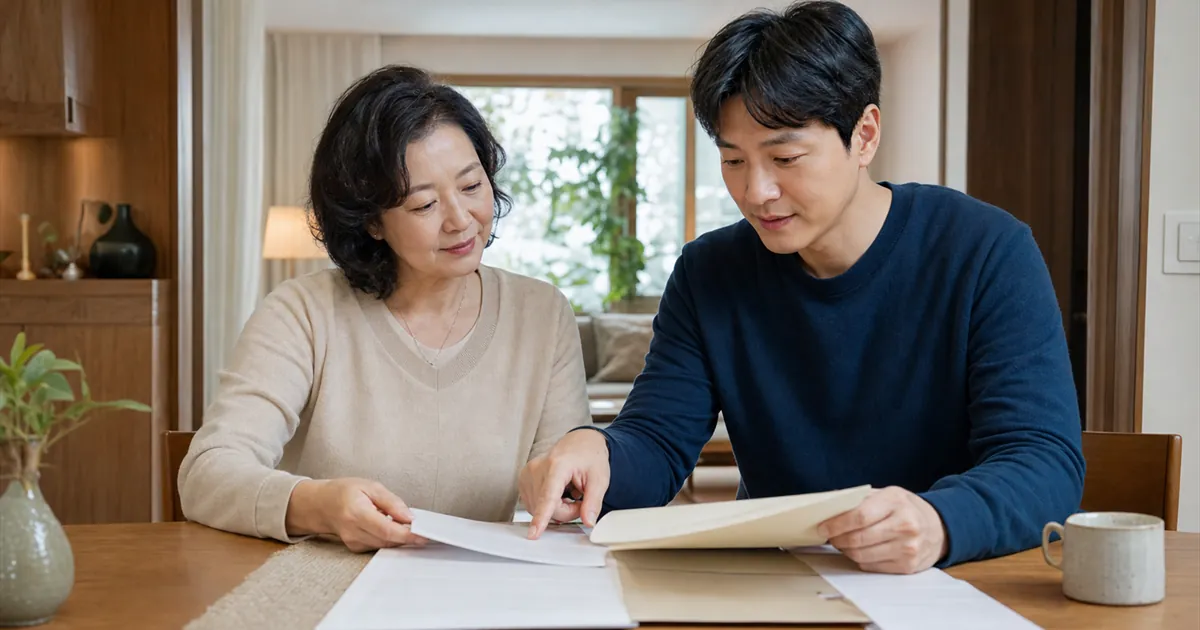 집 안 식탁에 마주 앉아 서류를 함께 살펴보는 중년 부모와 성인 자녀 실사 사진