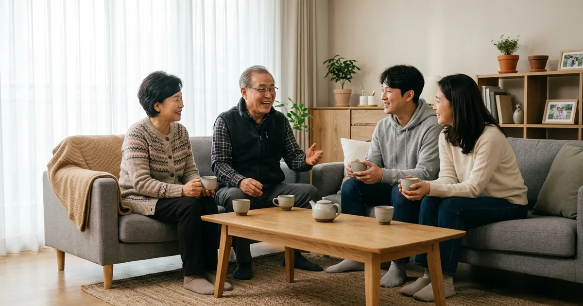 두 세대가 한 집에서 함께 생활하는 모습을 담은 사실적 이미지