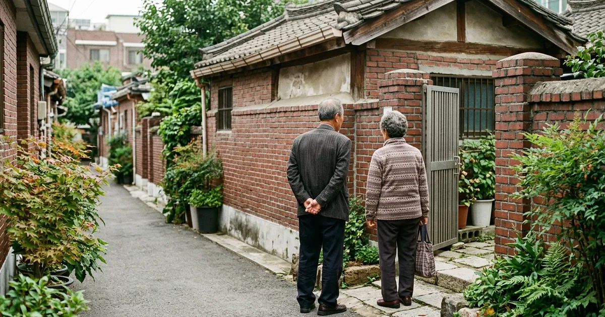 오래된 단독주택 앞에 서 있는 노년 부부 사진 (예시 이미지)