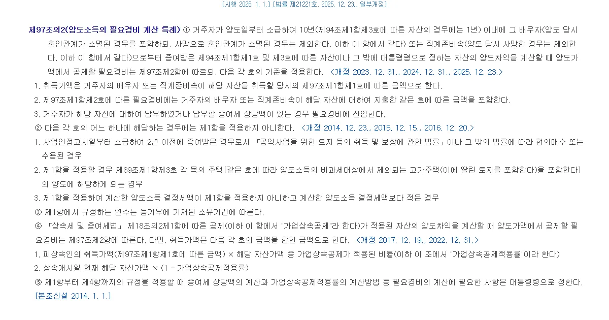 국가법령정보센터에서 조회한 소득세법 제97조의2 조문 화면
