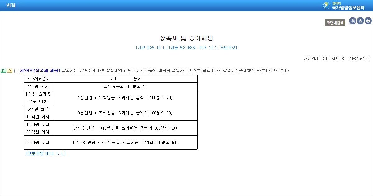 상속세 및 증여세법 제26조 세율 조문 화면