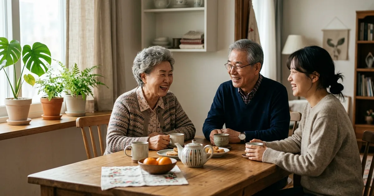 조부모와 손주가 함께 앉아 있는 사실적 예시 이미지