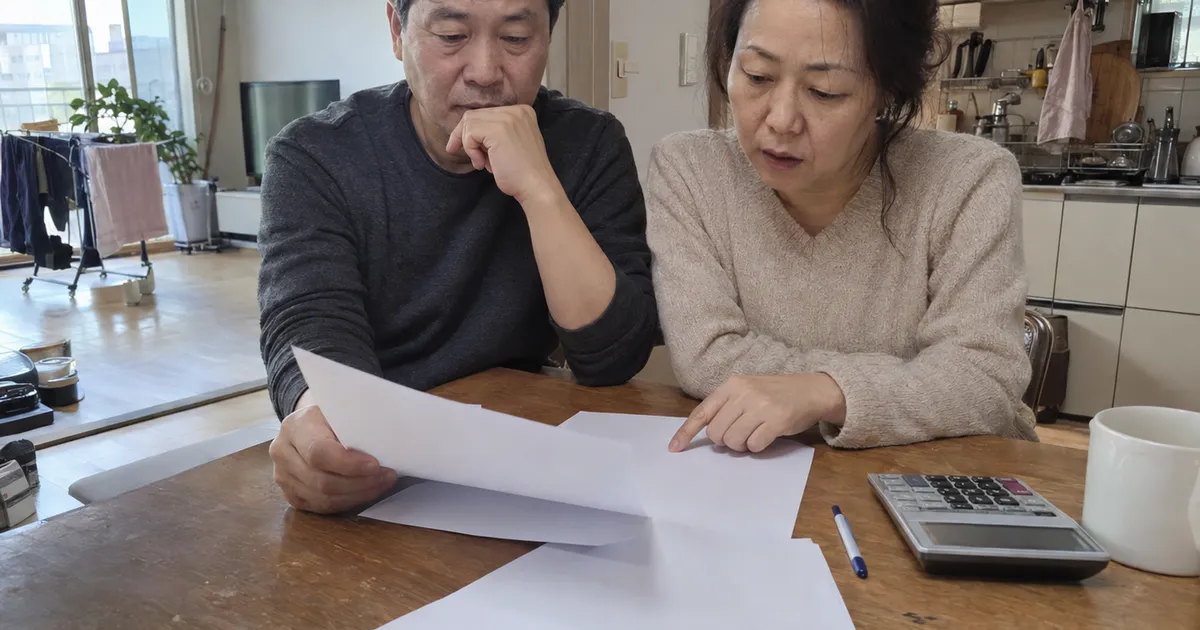 부부가 식탁에 앉아 주택 매매 서류를 함께 검토하는 사실적 이미지