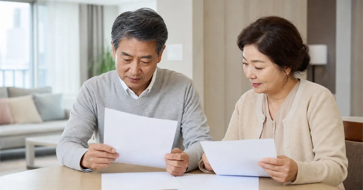 식탁에 마주 앉아 서류를 함께 살펴보는 중년 부부
