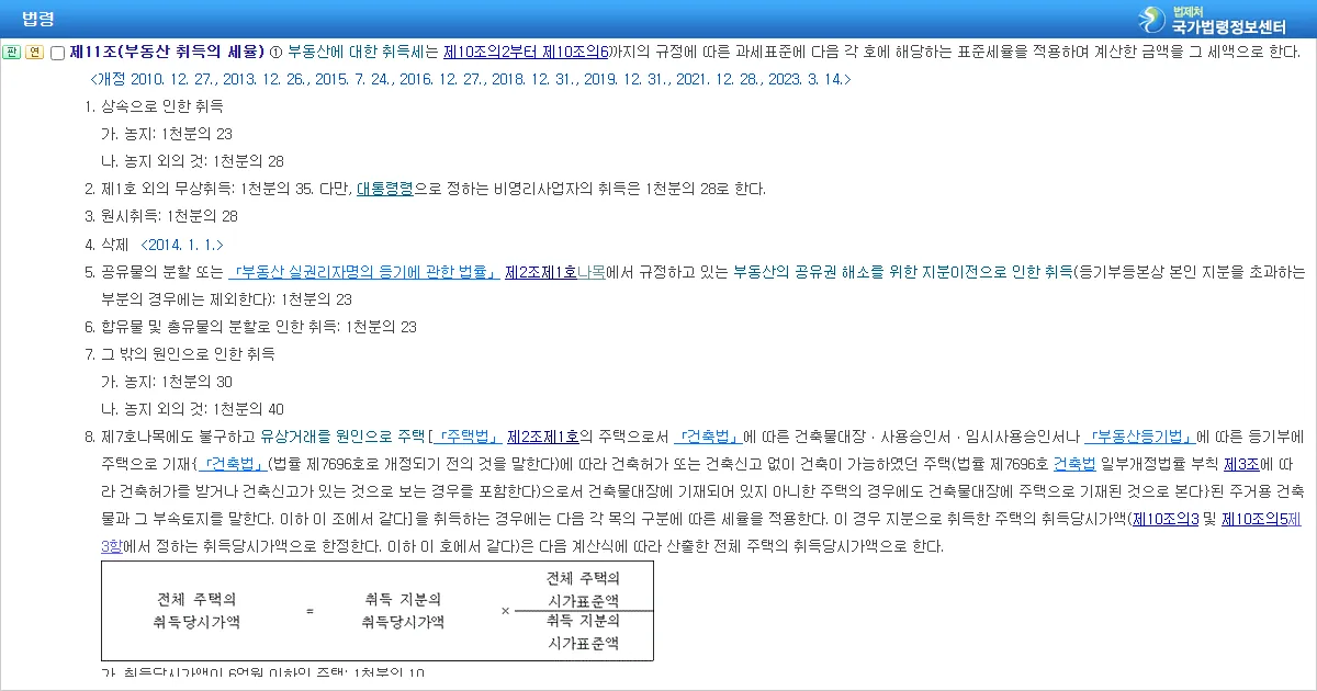 지방세법 제11조 부동산 취득의 세율 조문 화면