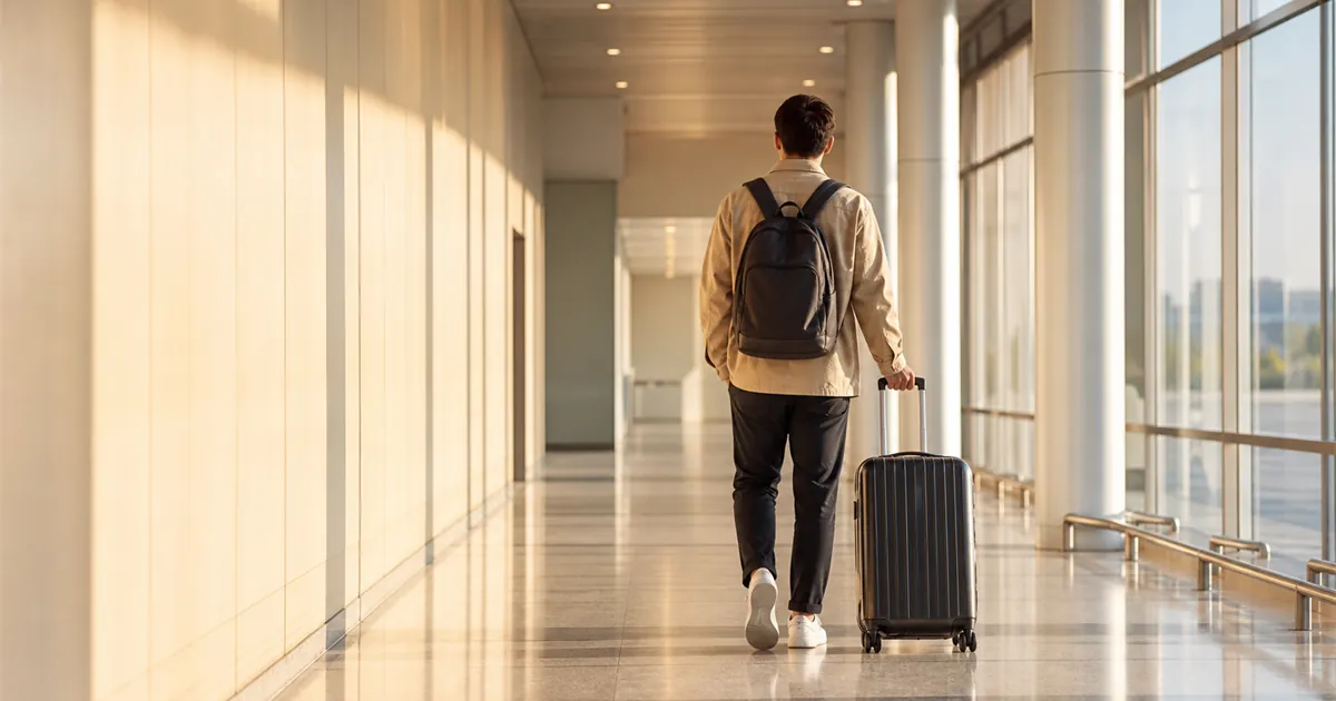 여권과 여행 가방을 들고 공항 출국장을 향해 걸어가는 사람의 사실적 이미지