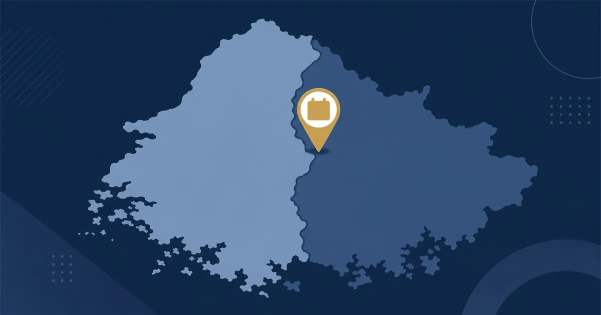 지도 위 두 구역과 취득일을 가리키는 달력 표시로 취득 당시 지역 판정을 나타낸 일러스트