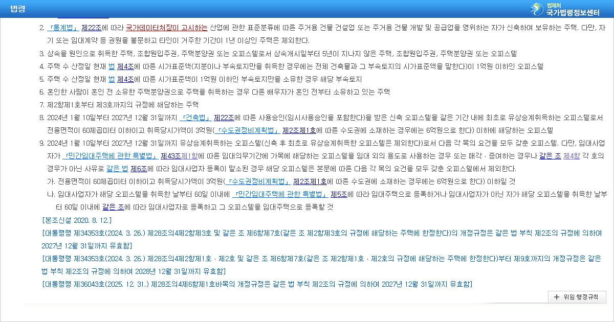 지방세법 시행령 제28조의4 제6항 주택 수에서 제외하는 주택 조문 화면