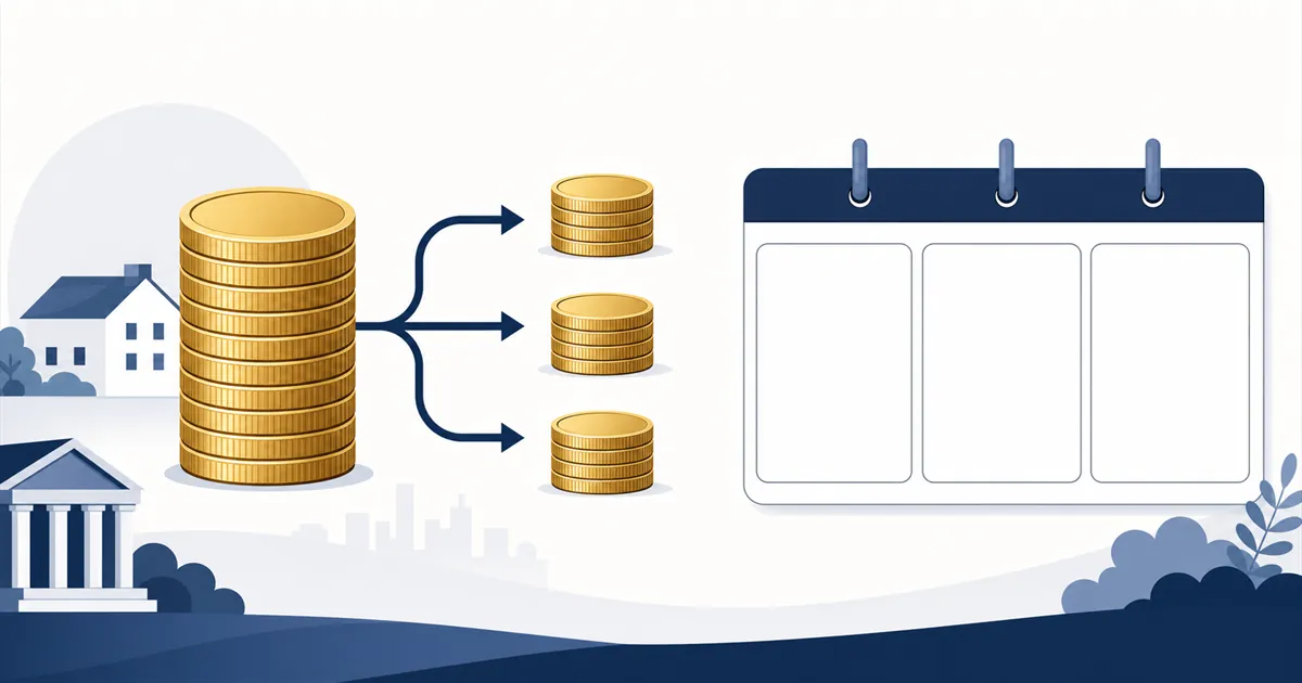 하나의 큰 동전 더미가 두 개로 나뉘고 3개월 기한을 나타낸 플랫 일러스트