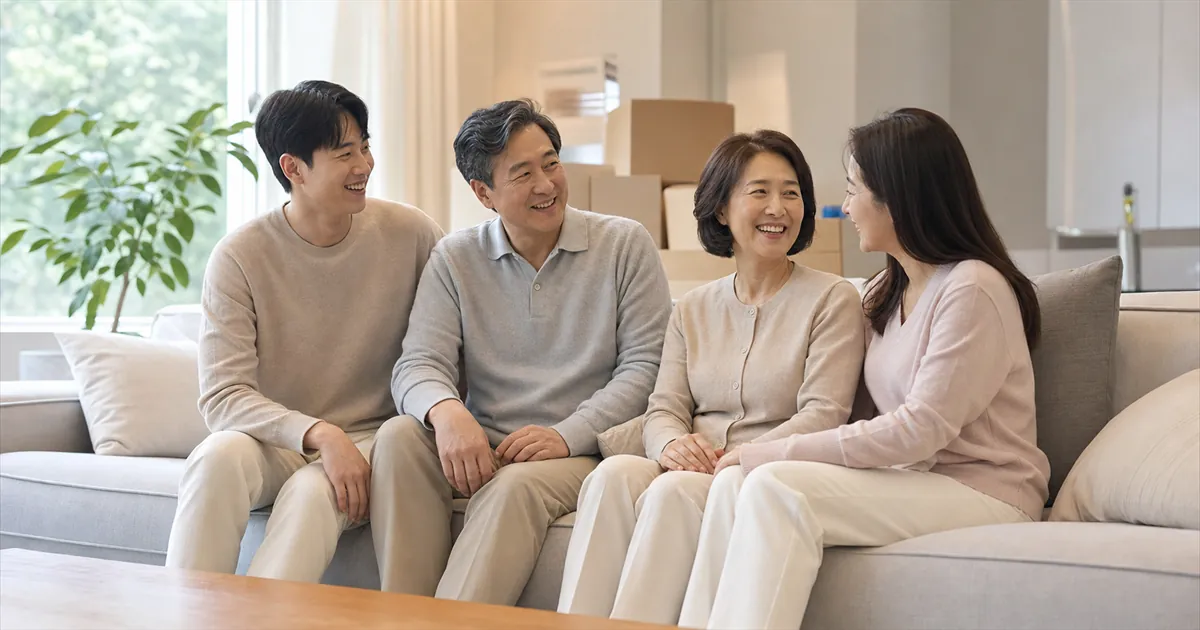 두 세대가 한 집으로 합쳐지는 모습을 담은 사실적 이미지