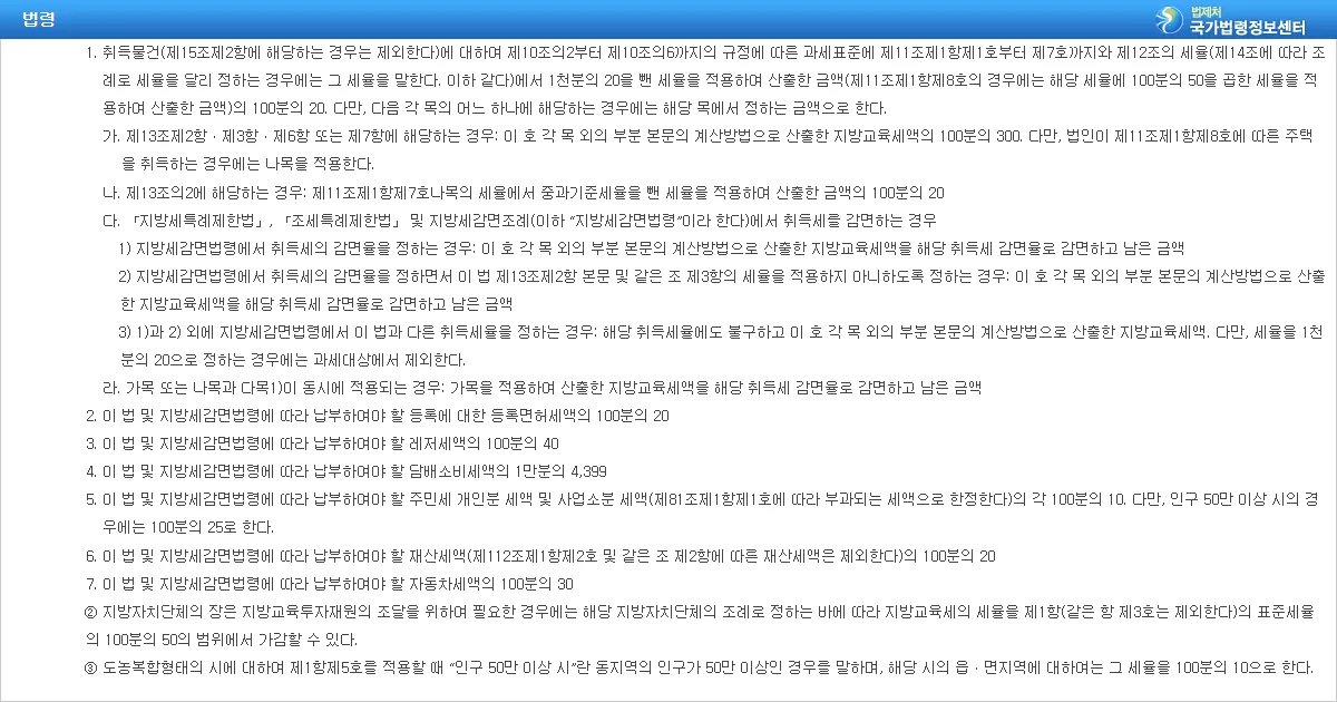 지방세법 제151조 제1항 제1호 취득세분 지방교육세 계산 조문 화면